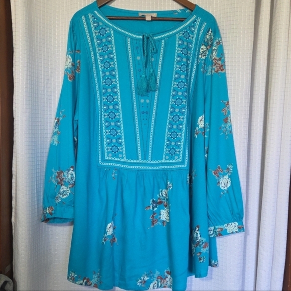 Woman Within Tops - Woman Within Women's Tunic Top in 2X Teal Floral Peasant BOHO Relaxed Fit
